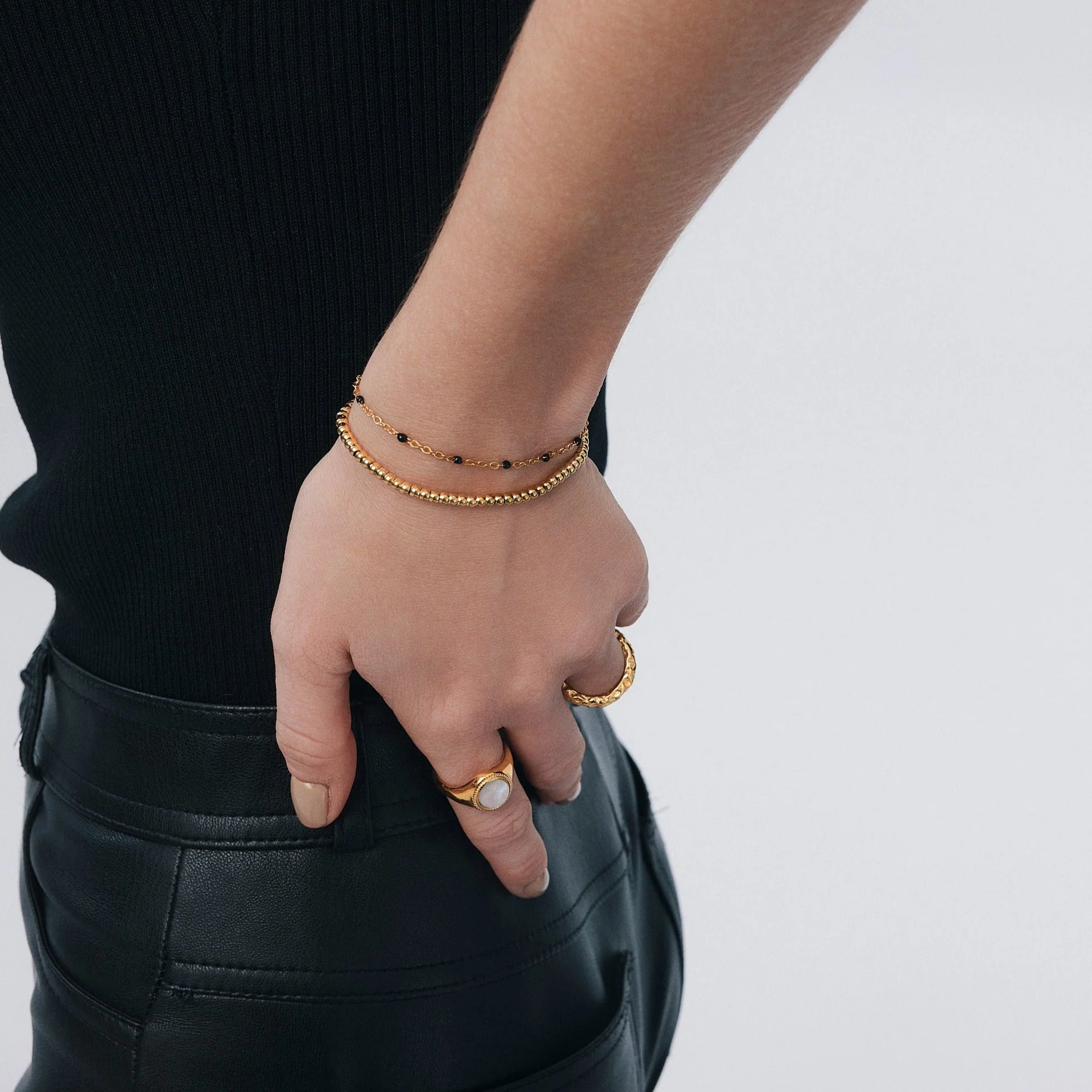 Black Enamel Beaded Bracelet in Gold - Image 4