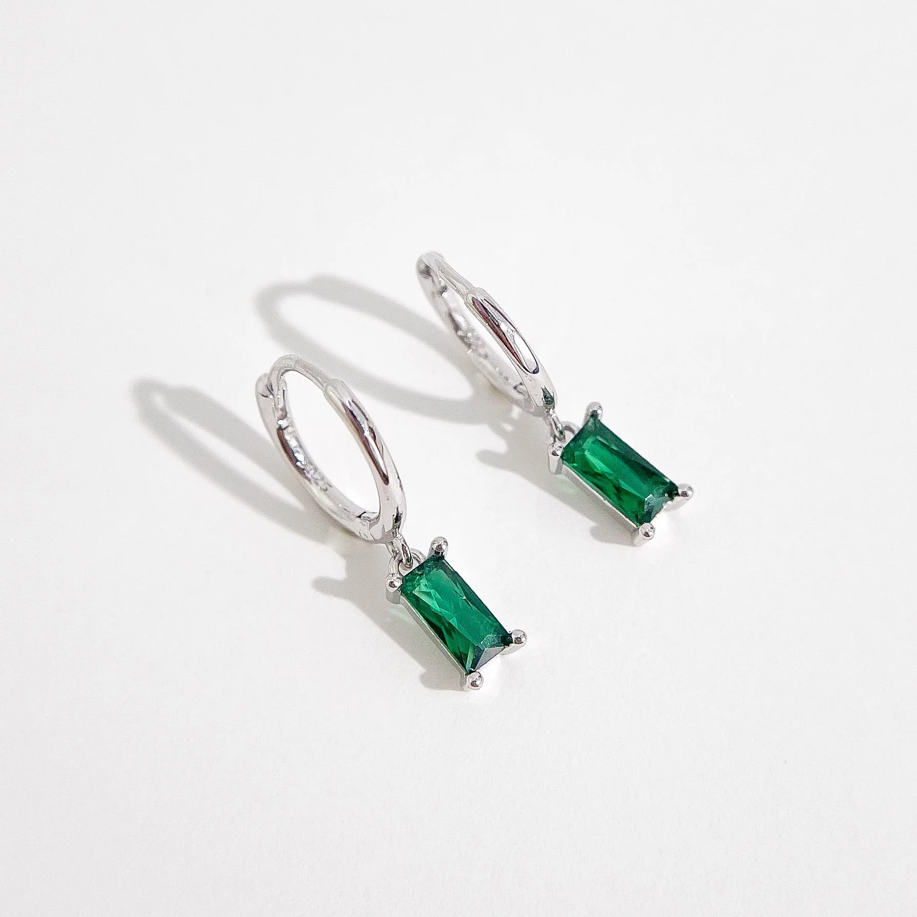 Green Rectangle Sterling Huggies in Silver - Image 6