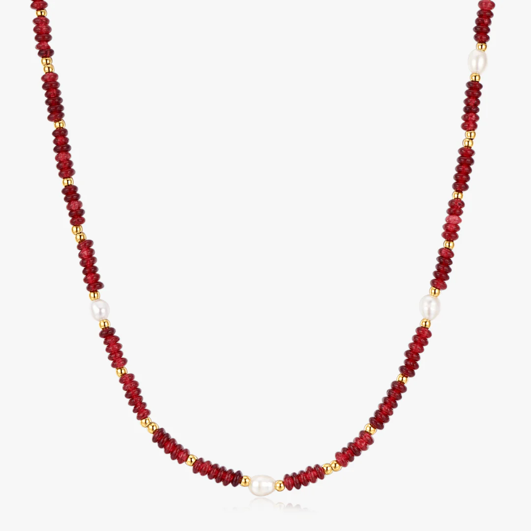 Red Garnet Beads + Pearls Necklace - Image 3