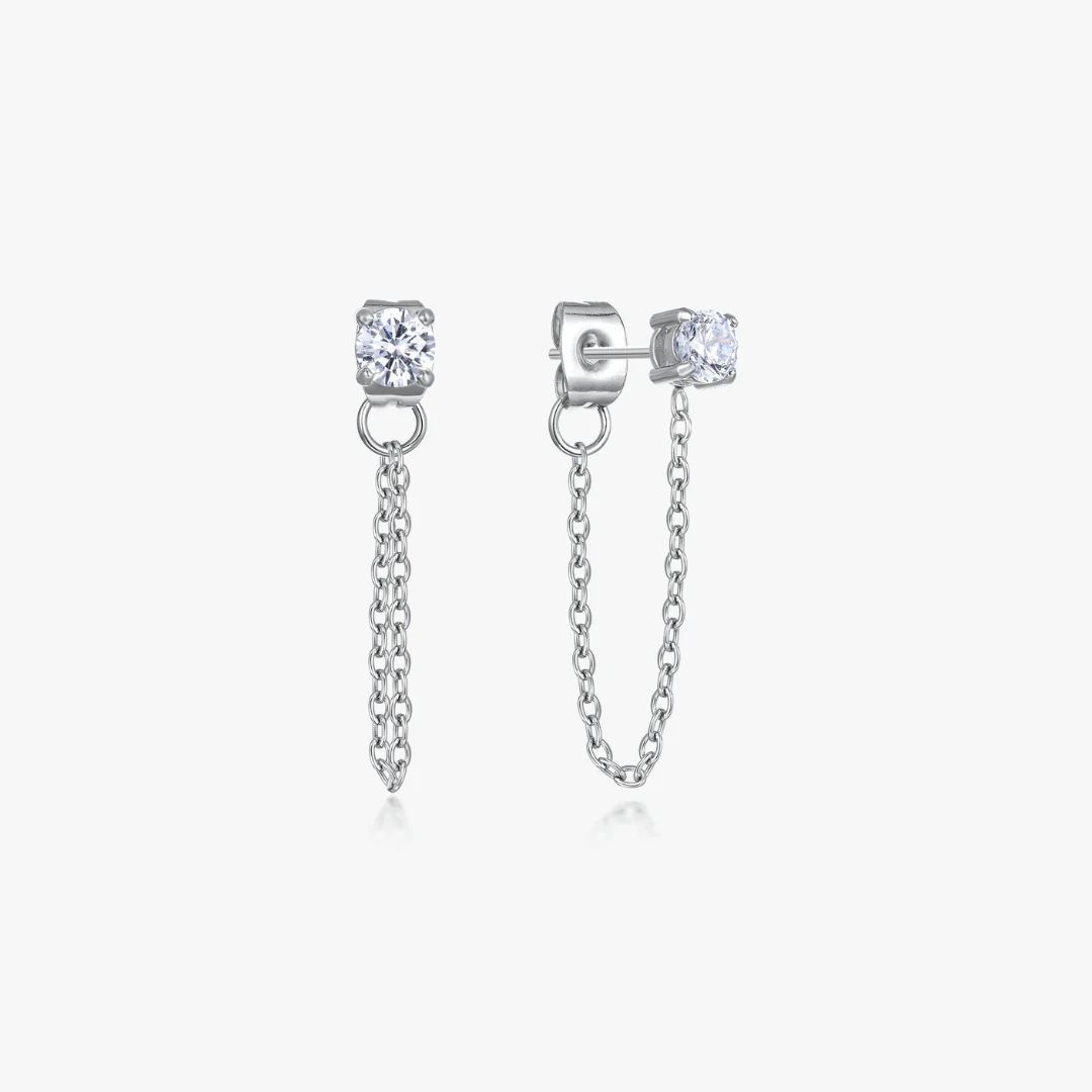 Single Gem Chain Silver Earrings
