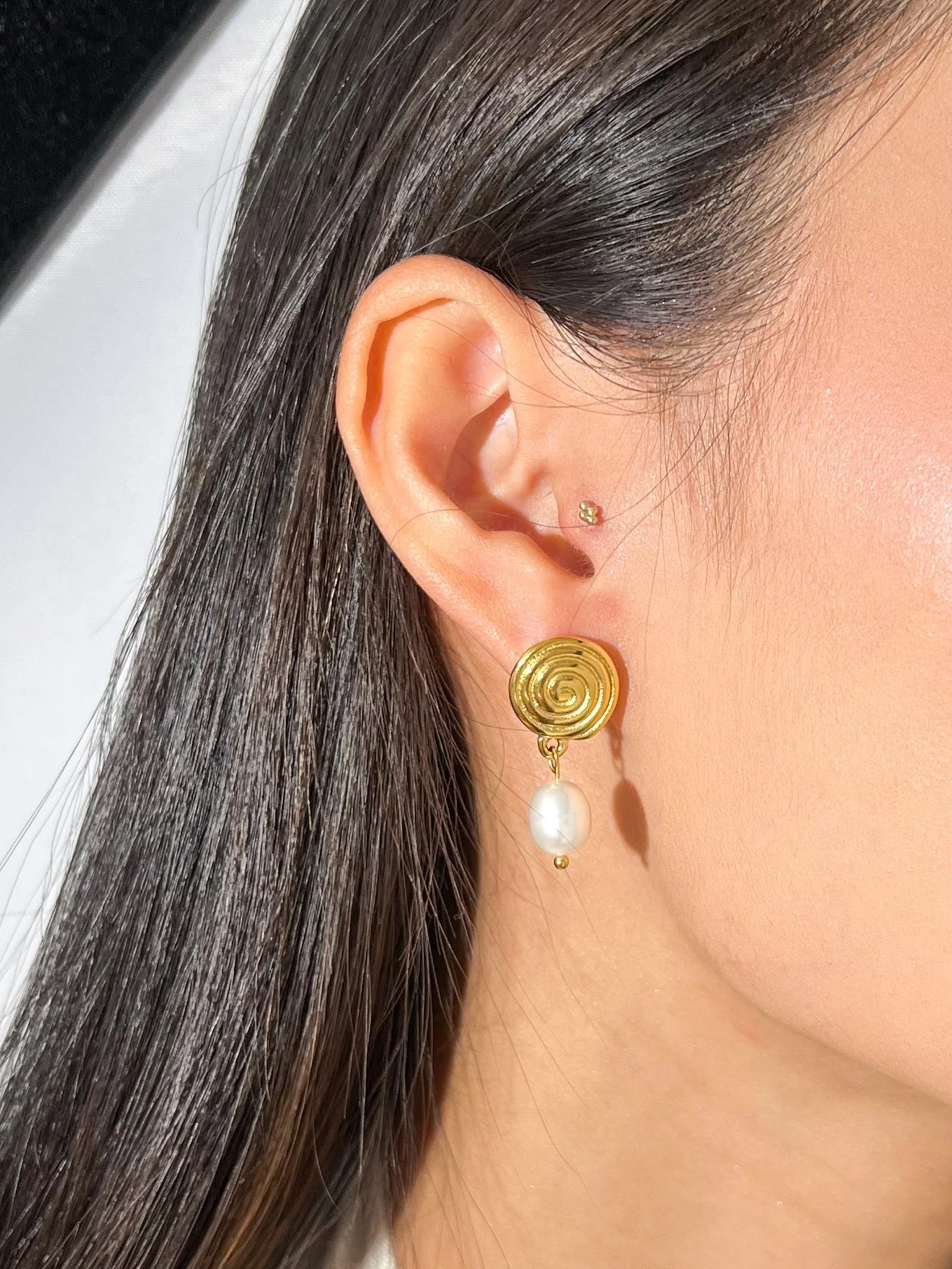Spiral Asymmetrical Pearl Earrings (Greek Inspired Collection) - Image 2