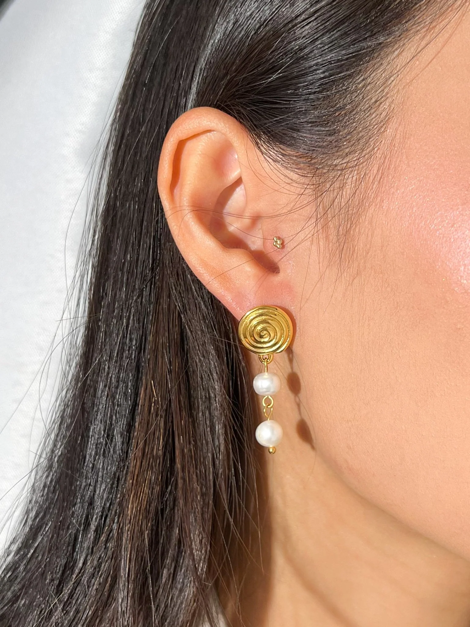 Spiral Asymmetrical Pearl Earrings (Greek Inspired Collection) - Image 3