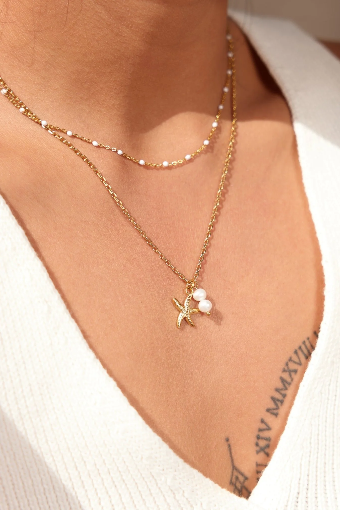 White Enamel Bead Necklace in Gold - Image 5